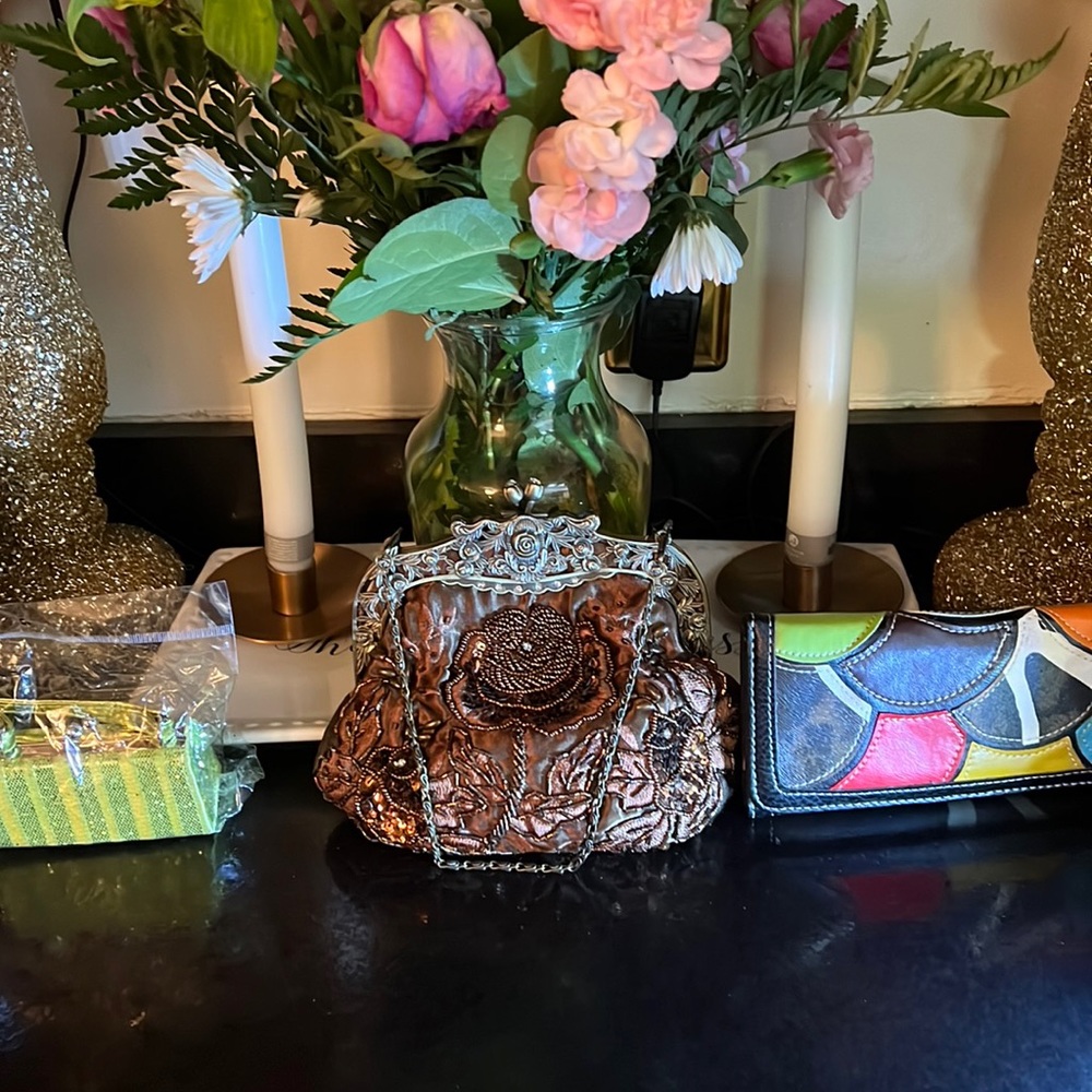 Lime green coin purse, bronze after 5pm purse, multi color wallet.